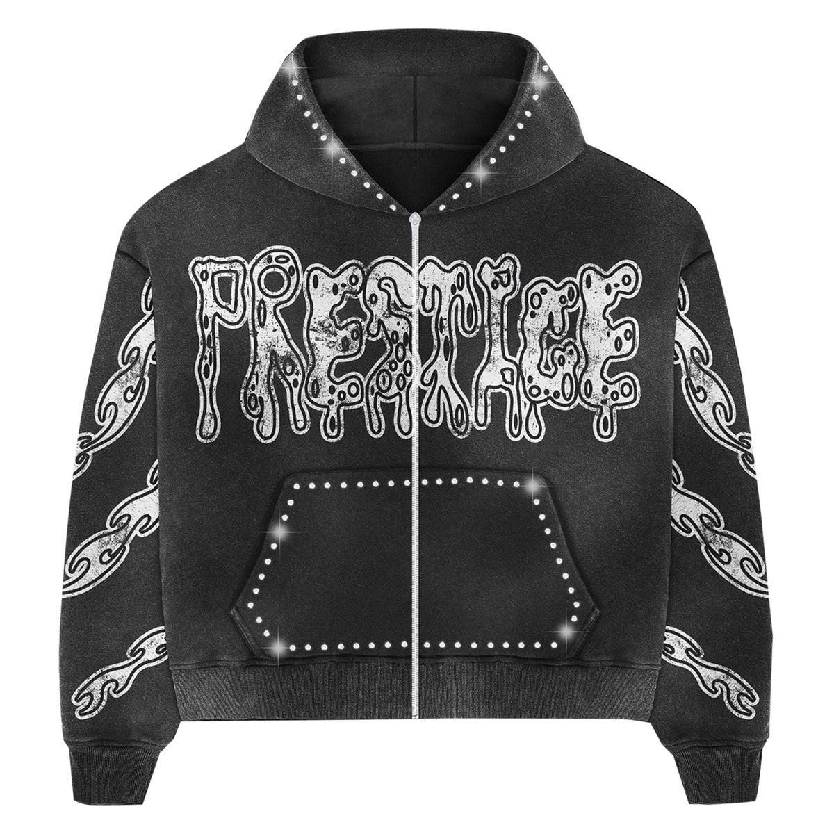 DRIPPY RHINESTONE ZIP-UP HOODIE - Black - front flat lay