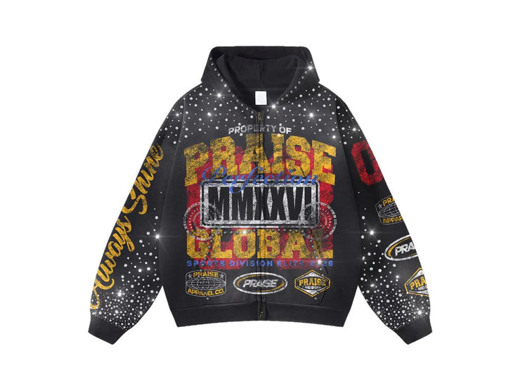ELITE| PRAISE BLACK RHINESTONE ZIP UP HOODIE