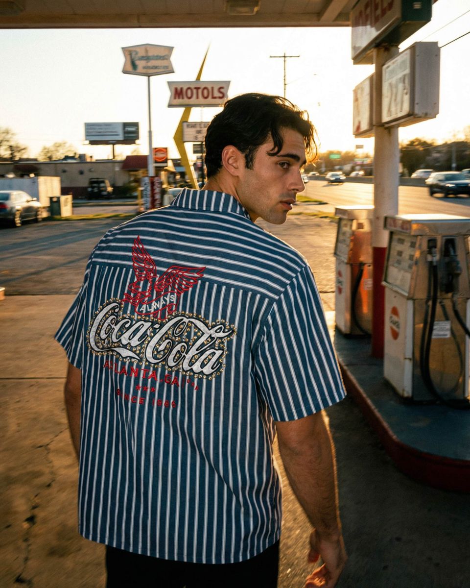 PREME| COCA-COLA STRIPED NAVY BUTTON UP