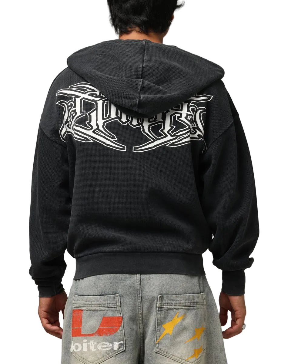 LOITER| WAFFLE ZIP HOODIE BLACK
