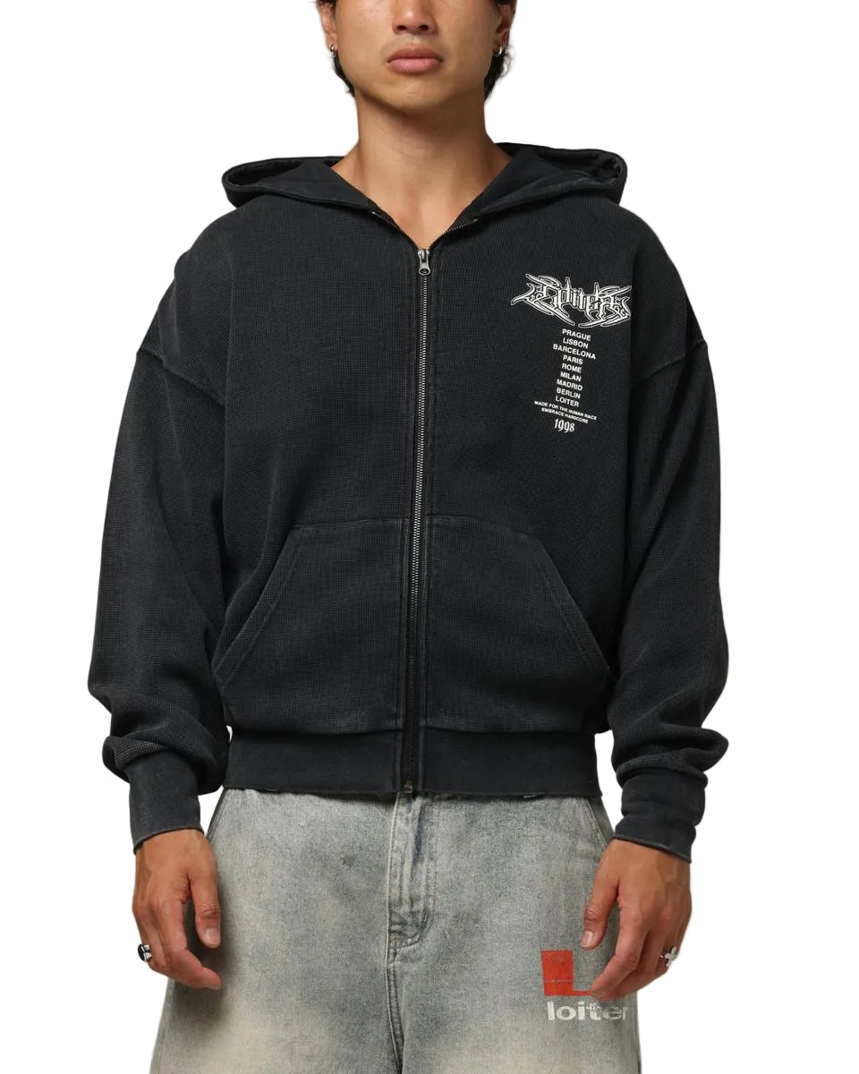 LOITER| WAFFLE ZIP HOODIE BLACK