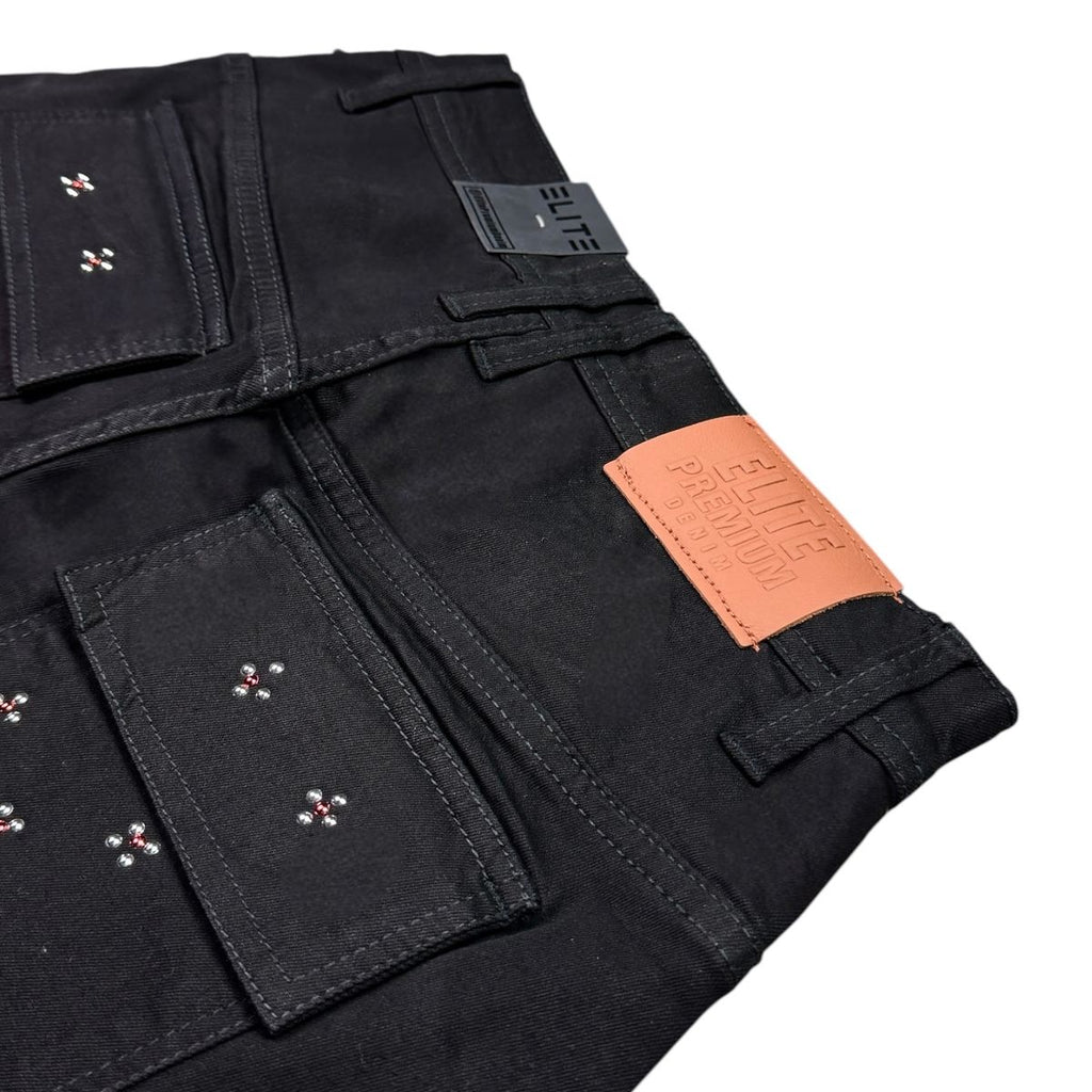 ELITE| WINNERS EMBELLISHED DENIM BLACK SHORTS