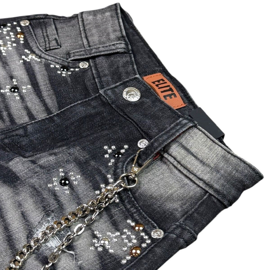 ELITE| KIDS FADED EMBELLISHED DENIM SHORTS BLACK WASH