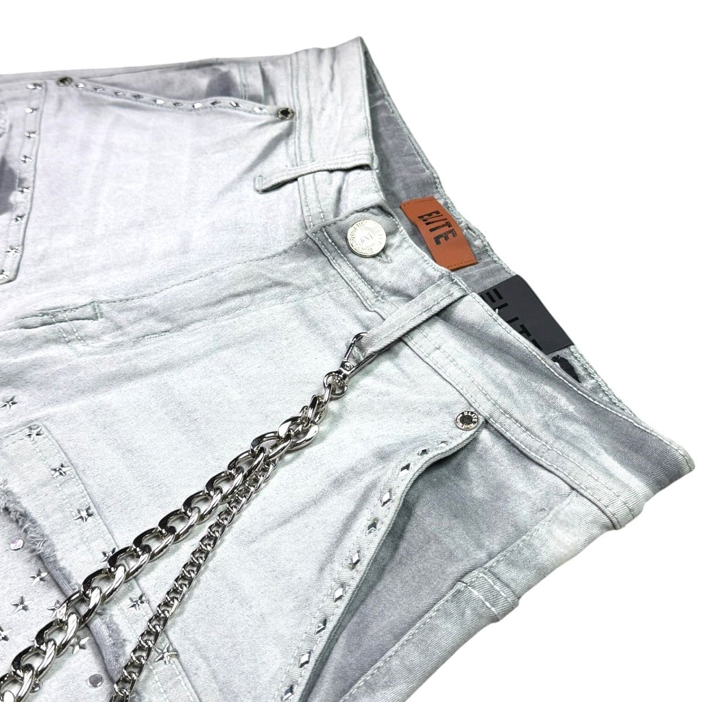 ELITE| FLINT EMBELLISHED DENIM SHORTS GREY WASH