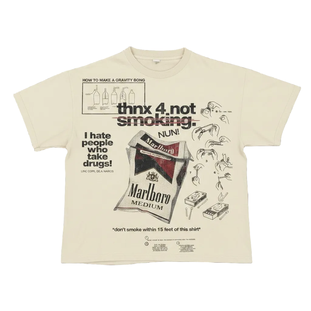 Beige t-shirt with graphic design featuring Marlboro branding and text.