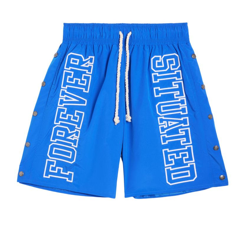 Blue shorts with 'Forever Situated' text on a white background
