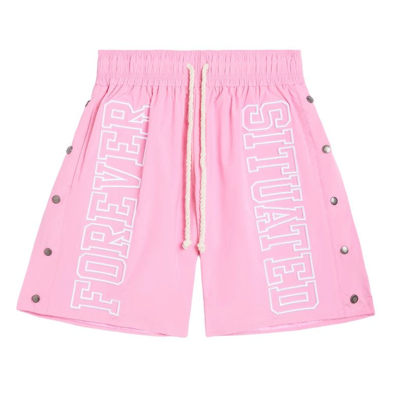 Pink shorts with 'FOREVER SLUTTED' text on a white background
