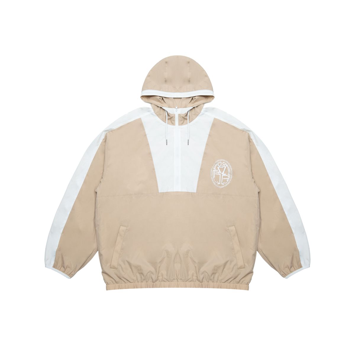 BY APPT ONLY PALMER WINDBREAKER in TAN/WHITE, front flat lay