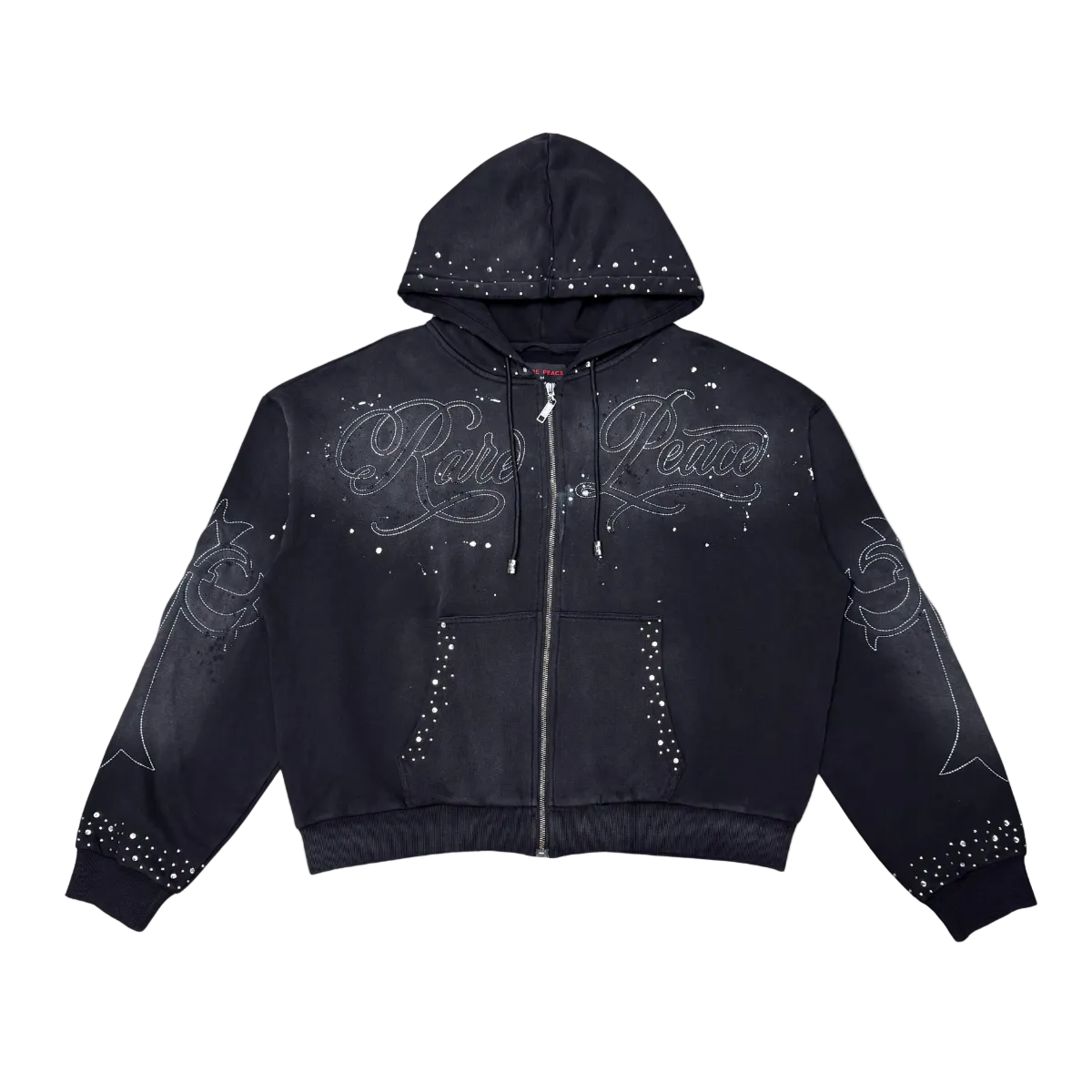 WASHED RHINESTONE SPLATTER ZIP-UP HOODIE BLACK - front flat lay on white