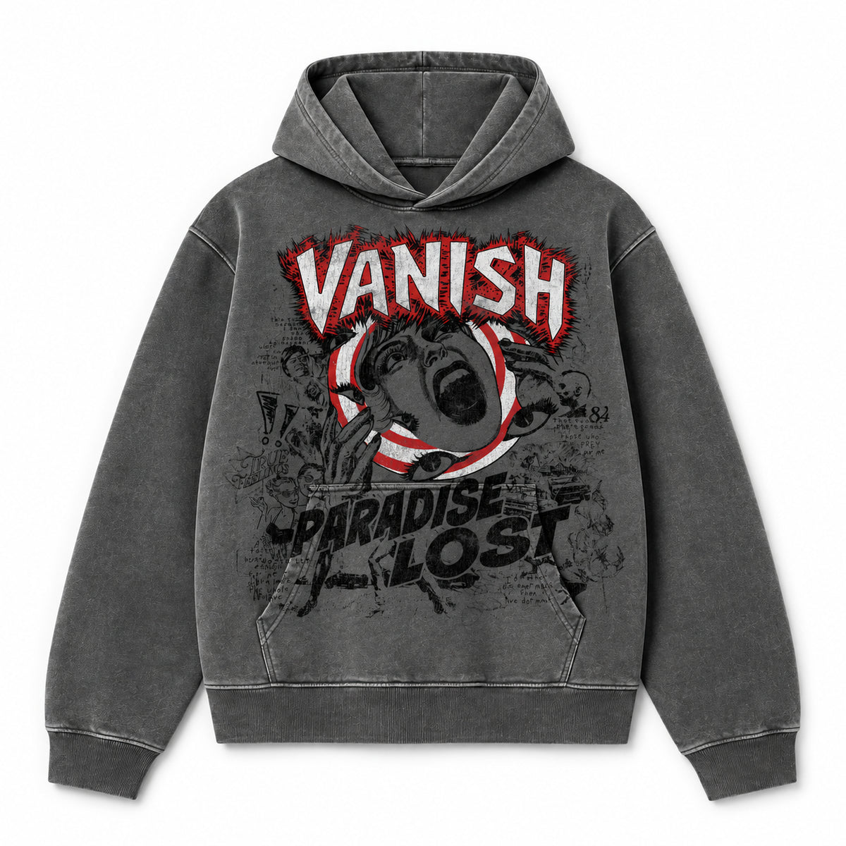 PARADISE LOST | VANISH CRAZY HOODIE - WASHED GREY front flat lay on white background
