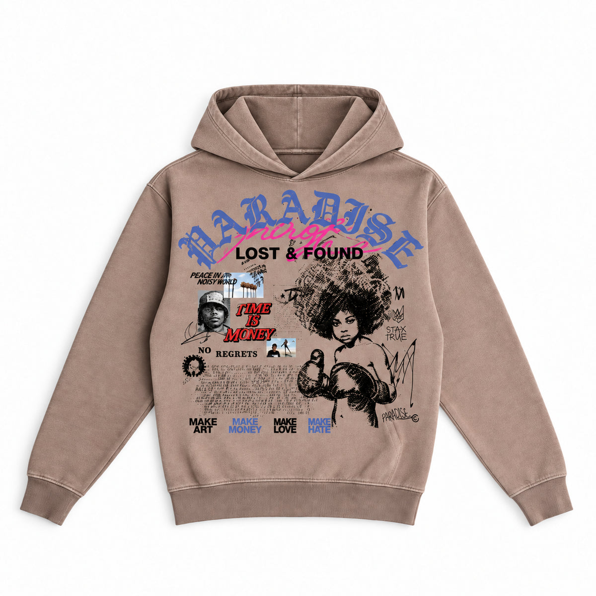 PARADISE LOST | LOST & FOUND HOODIE - TAUPE front flat lay on white background