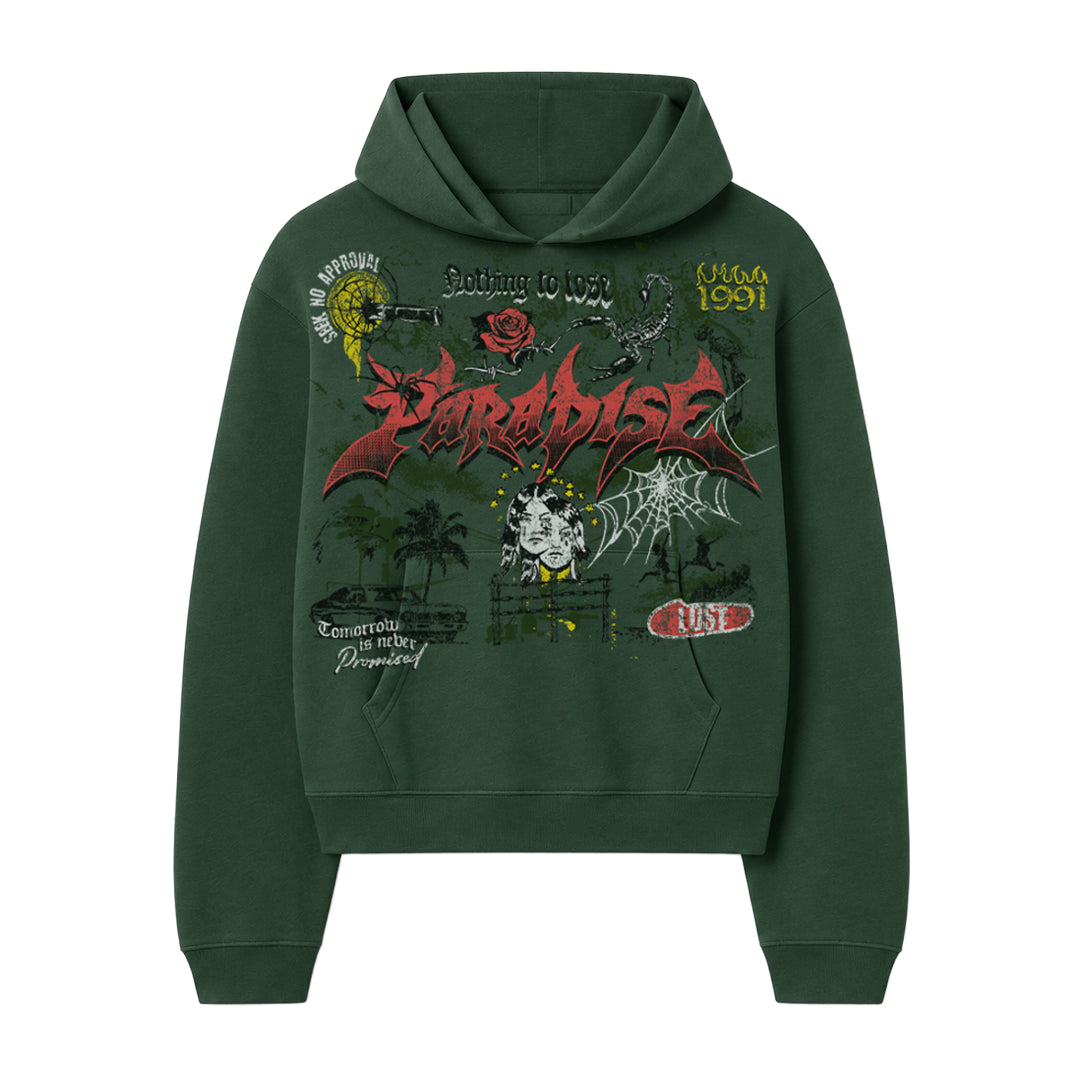 PARADISE LOST | NOTHING TO LOSE HOODIE - GREEN front flat lay on white background