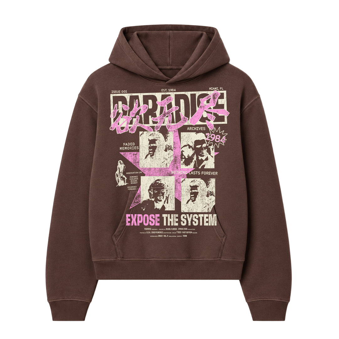 PARADISE LOST | EXPOSE THE SYSTEM HOODIE - BROWN front flat lay on white background