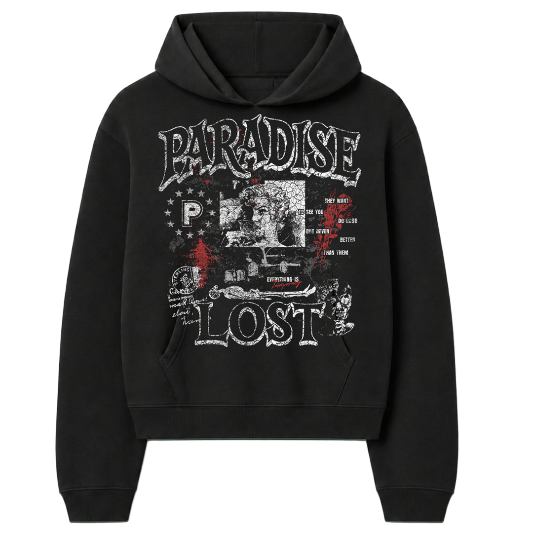 PARADISE LOST | COLLAGE HOODIE - BLACK front flat lay on white background