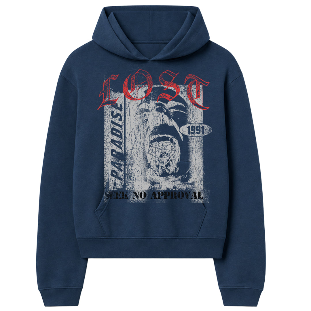 PARADISE LOST | SEEK NO APPROVAL HOODIE - BLUE front flat lay on white background