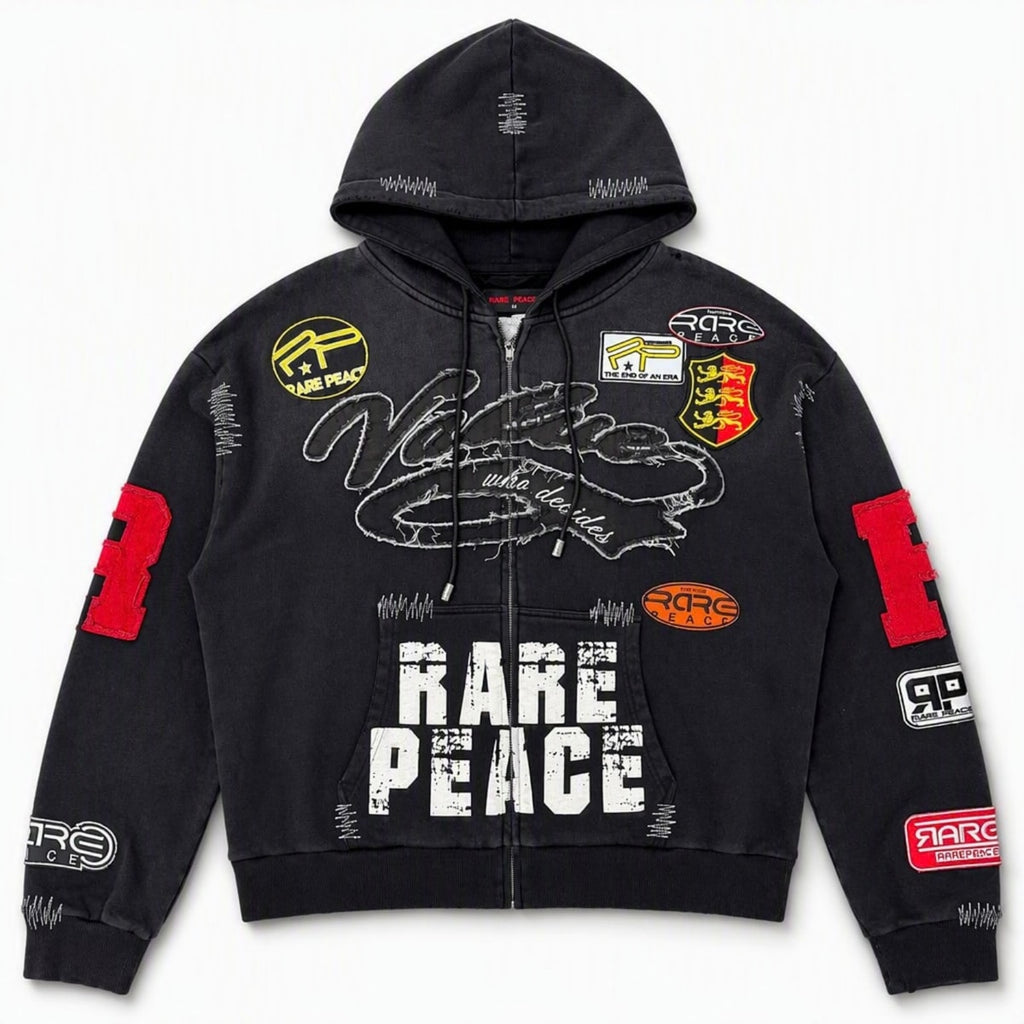 RACER PATCH ZIP-UP HOODIE BLACK - front flat lay on white