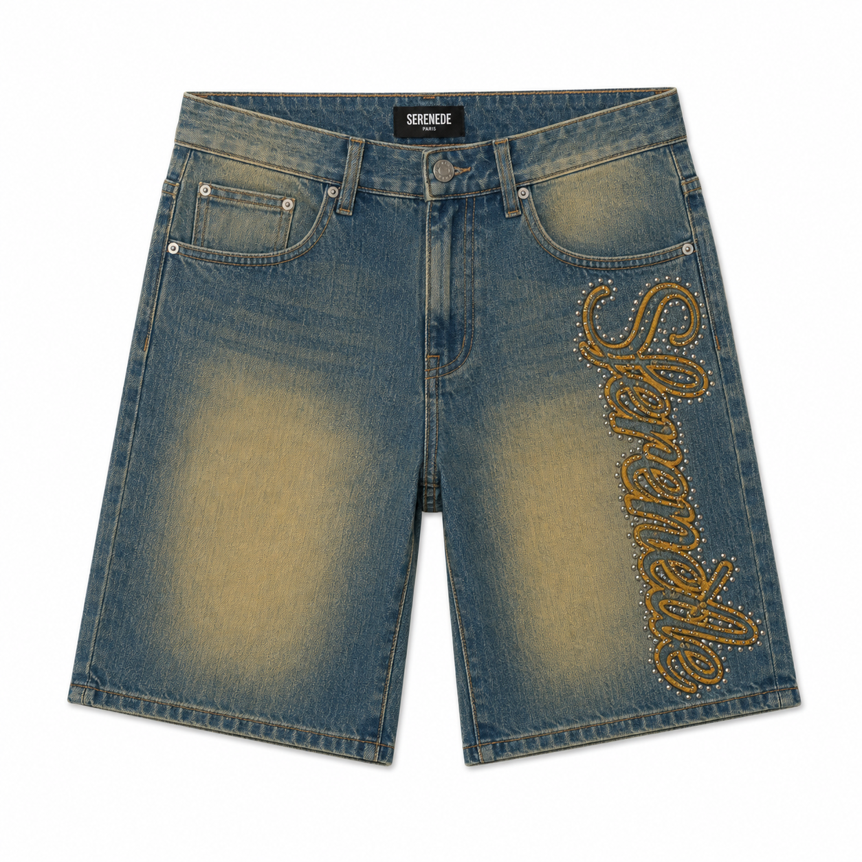 SERENEDE| SIDE SCRIPT DARK DENIM SHORTS