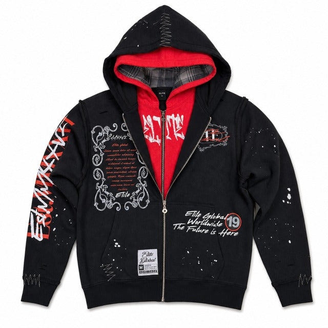 ELITE | MEN’S DOUBLE LAYER ROYAL ZIP-UP HOODIE - BLACK / RED (1135-D) - front