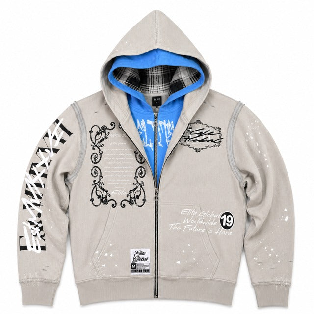 ELITE | MEN’S DOUBLE LAYER ROYAL ZIP-UP HOODIE - GREY / BLUE (1137-D) - front