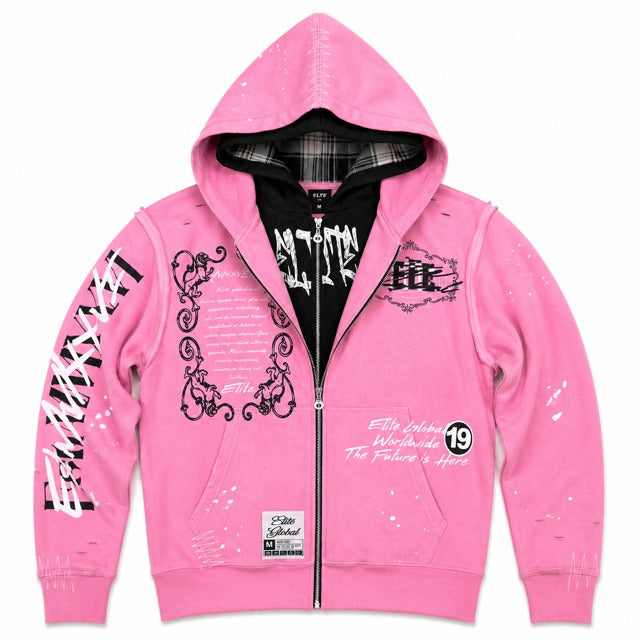 ELITE | MEN’S DOUBLE LAYER ROYAL ZIP-UP HOODIE - PINK / BLACK (1138-D) - front