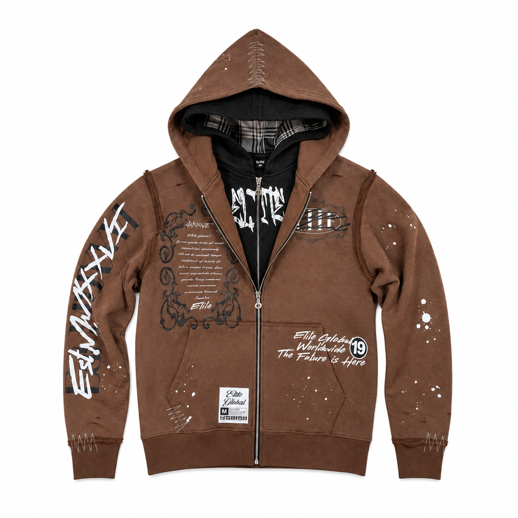 ELITE | MEN’S DOUBLE LAYER ROYAL ZIP-UP HOODIE - BROWN / BLACK (1142-D) - front