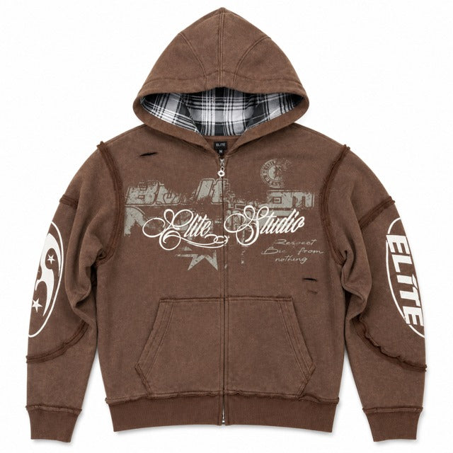 ELITE | MEN’S EMBROIDERED ROYAL ZIP-UP HOODIE - BROWN (1143-D) - front