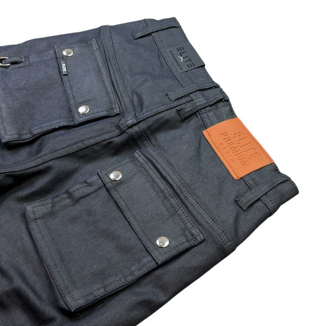 ELITE | MEN’S DARK GREY WAX BUCKLE FLARE JEANS - DARK GREY WAX (19498) - back waistband detail