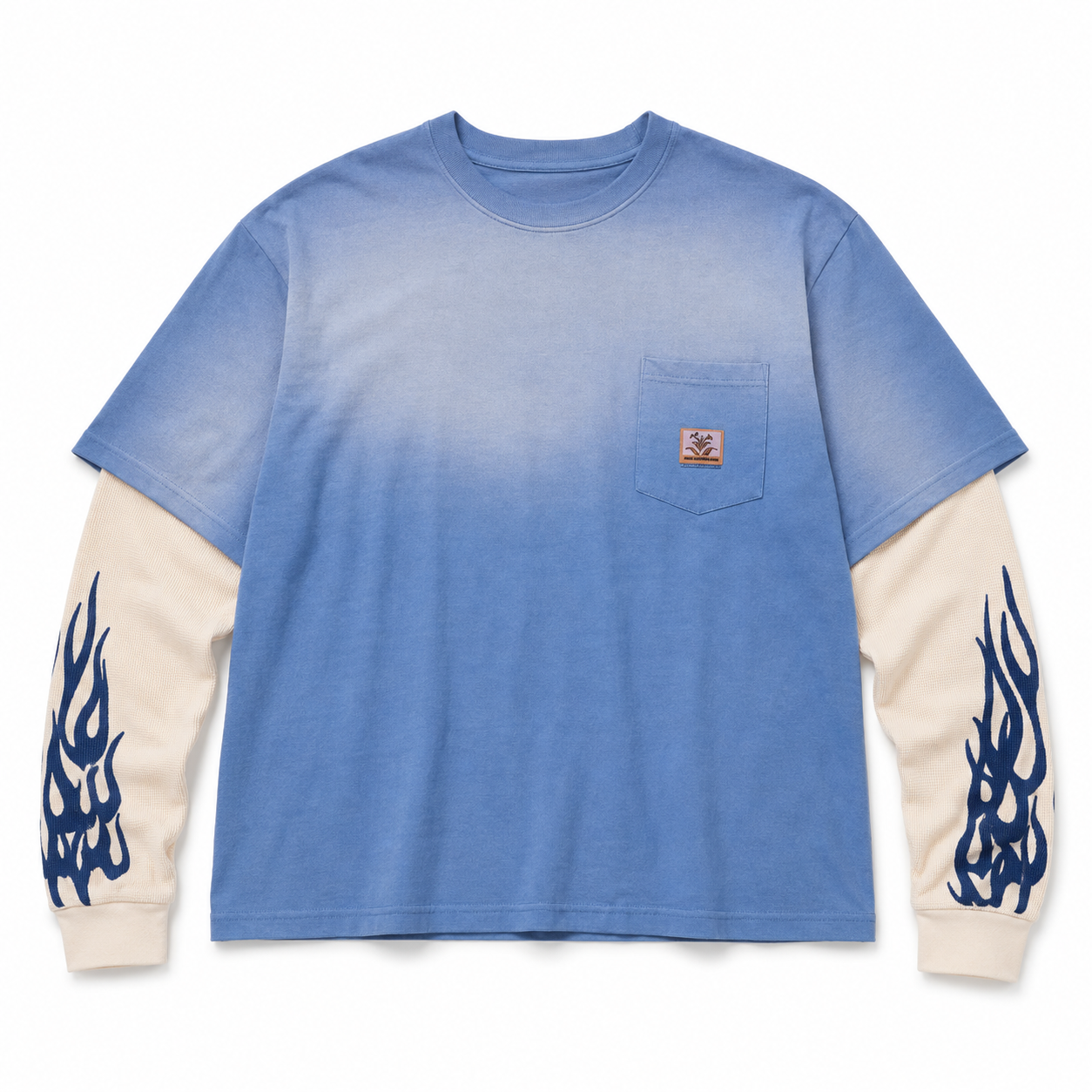LAYERED FLAME POCKET LONG SLEEVE TEE WASHED BLUE
