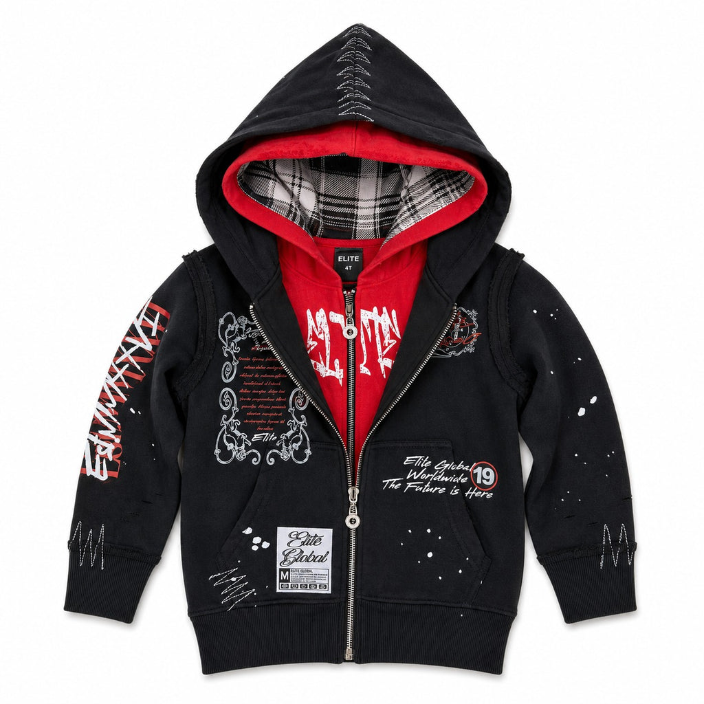 ELITE | KIDS DOUBLE LAYER ROYAL ZIP-UP HOODIE - BLACK / RED (4377-JR) - front