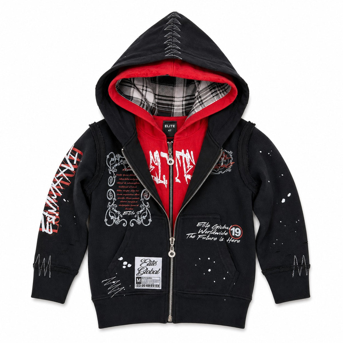 ELITE | KIDS DOUBLE LAYER ROYAL ZIP-UP HOODIE - BLACK / RED (4377-JR) - front