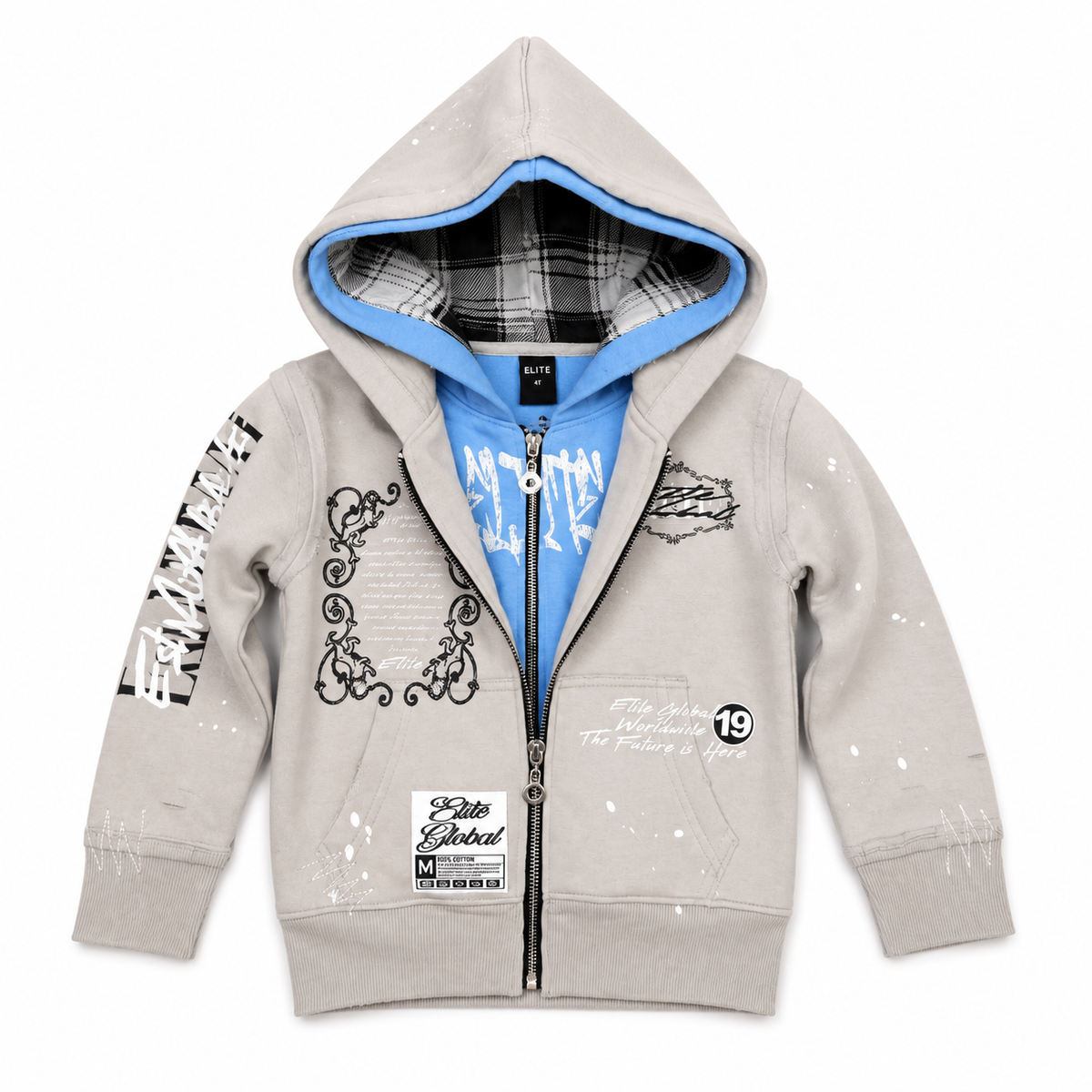 ELITE | KIDS DOUBLE LAYER ROYAL ZIP-UP HOODIE - GREY / BLUE (4379-JR) - front