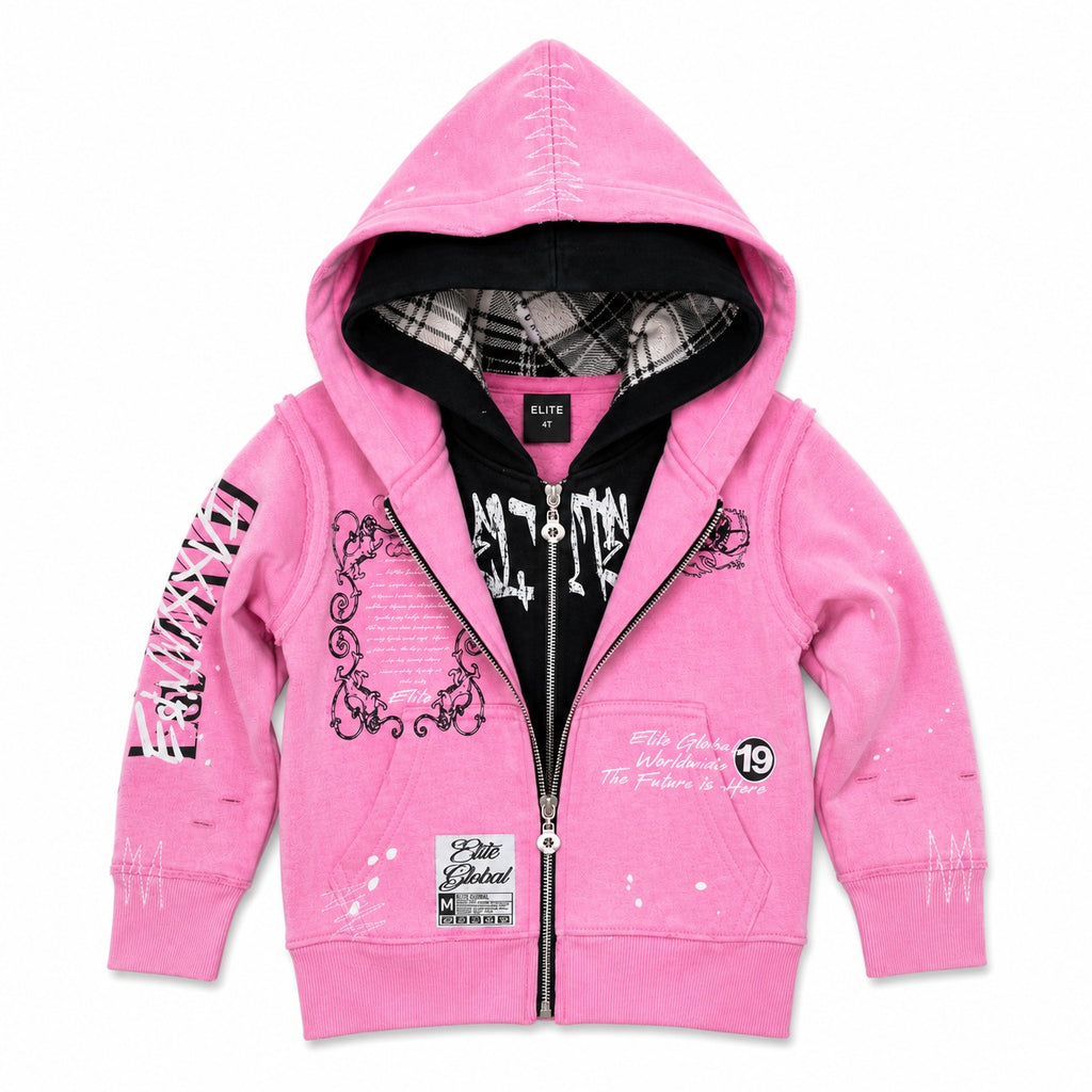 ELITE | KIDS DOUBLE LAYER ROYAL ZIP-UP HOODIE - PINK / BLACK (4380-JR) - front