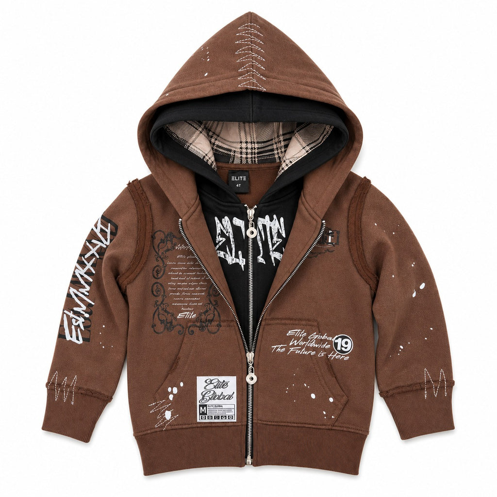 ELITE | KIDS DOUBLE LAYER ROYAL ZIP-UP HOODIE - BROWN / BLACK (4384-JR) - front