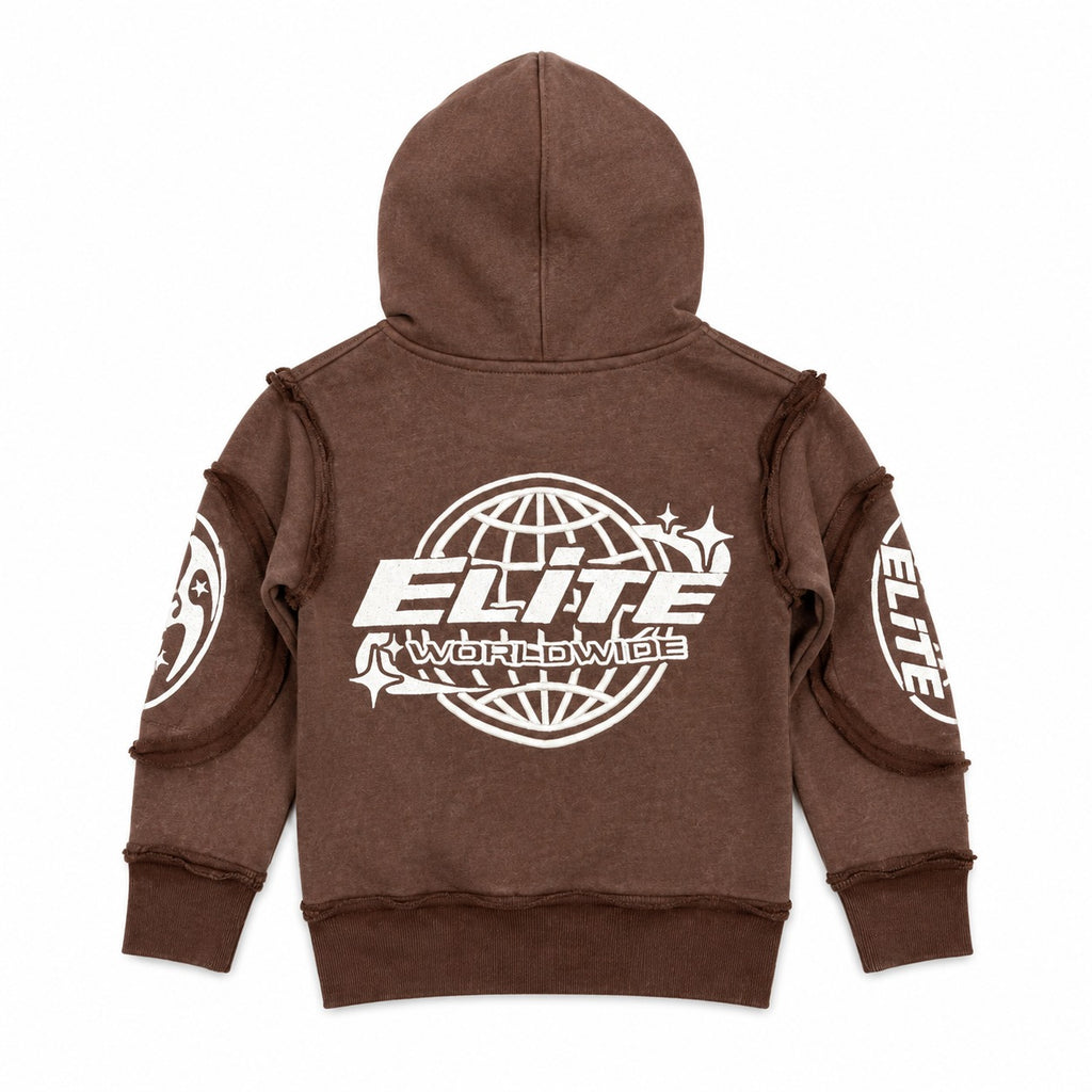 ELITE | KIDS EMBROIDERED ROYAL ZIP-UP HOODIE - BROWN (4385-JR) - back