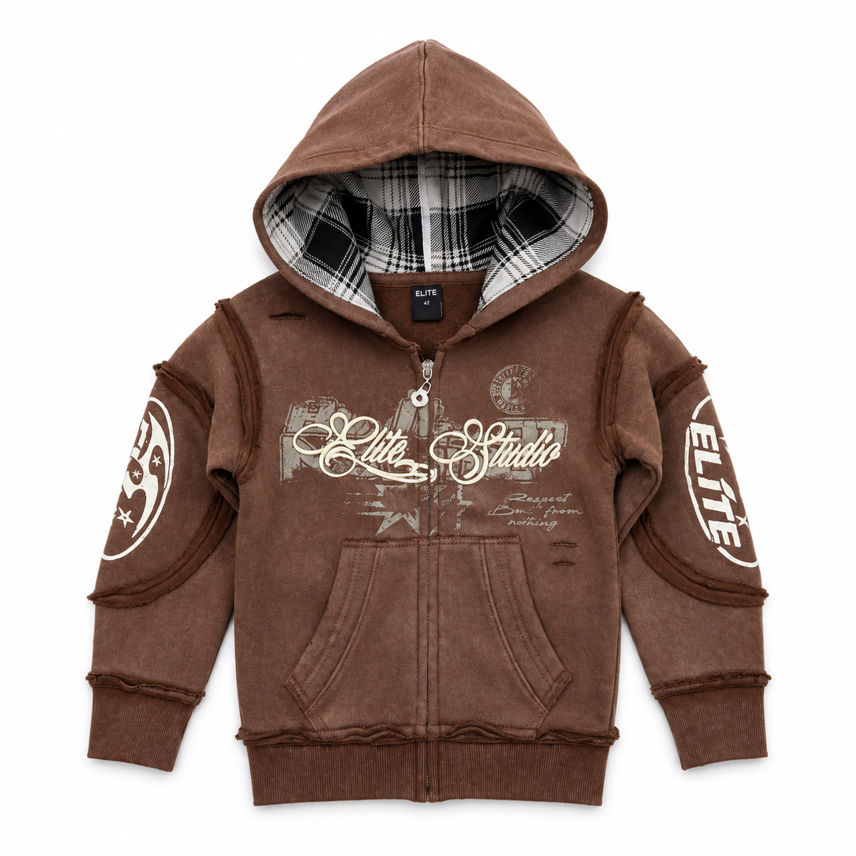 ELITE | KIDS EMBROIDERED ROYAL ZIP-UP HOODIE - BROWN (4385-JR) - front