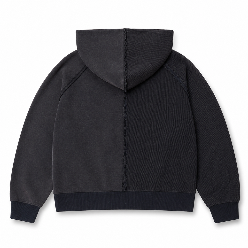 HALF & HALF ZIP UP HOODIE WASHED BLACK