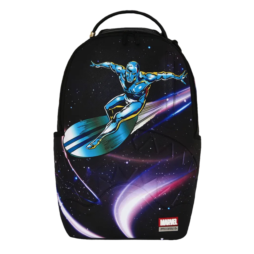 A black backpack featuring a colorful graphic print of a blue superhero surfing on a surfboard against a space background, with a Marvel logo near the bottom right.