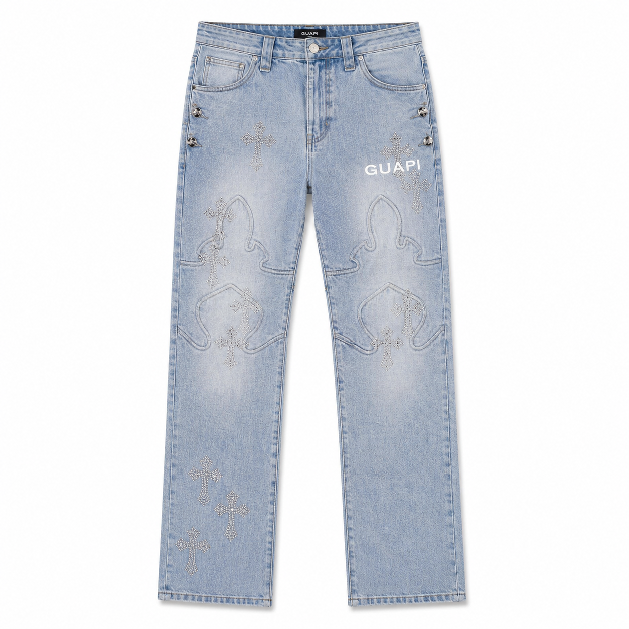 GUAPI| Aqua Blue Cross Straight Leg Denim