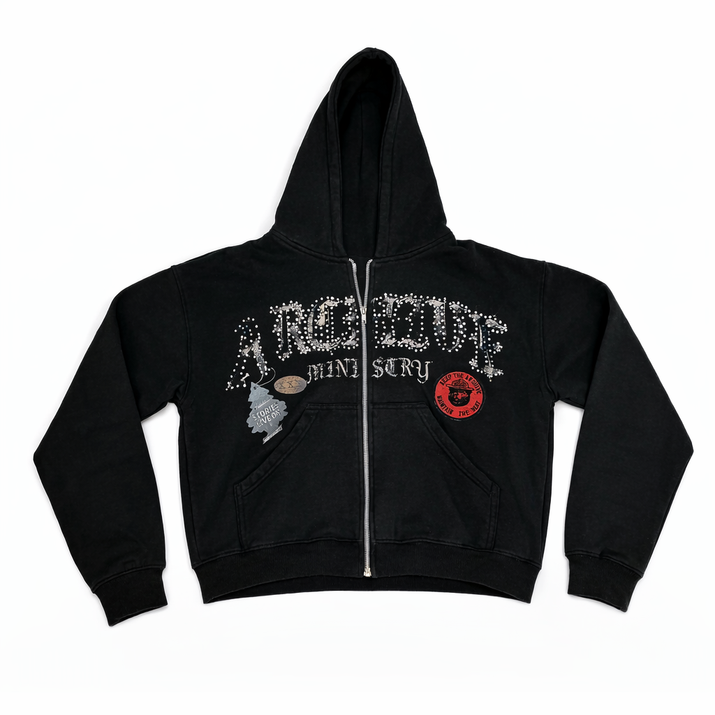 ARCHIVE MINISTRY| BEAR MOUNTAIN STUDDED ZIP UP HOODIE