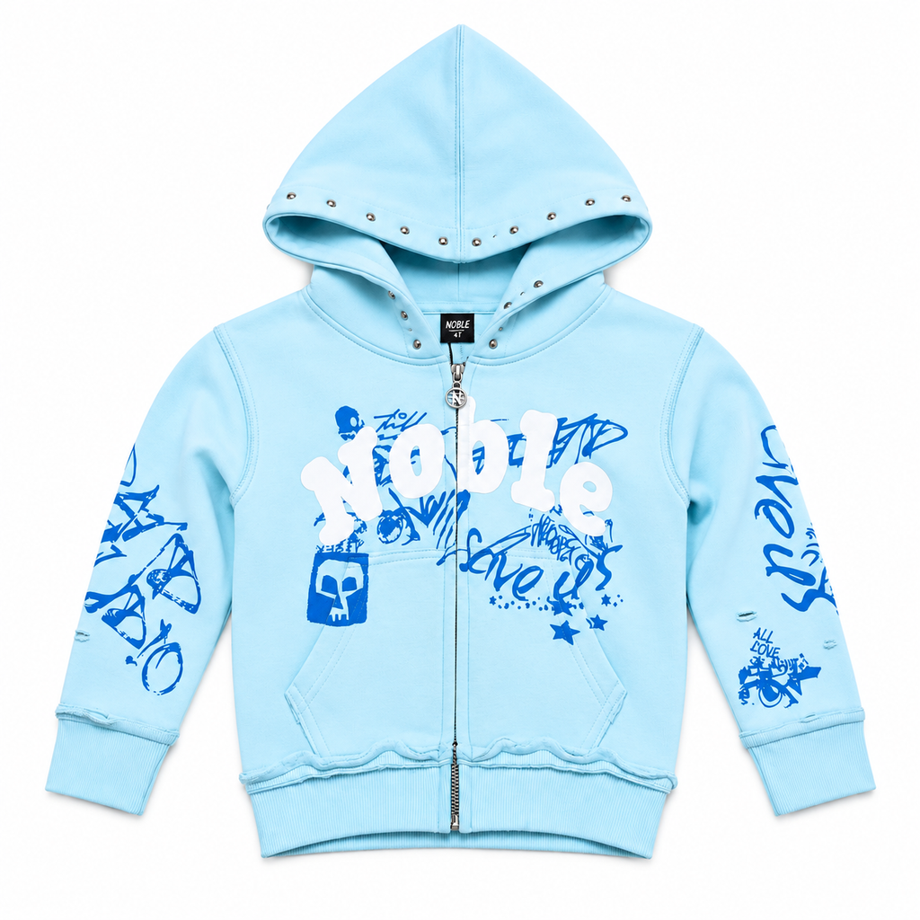GRAFFITI KIDS ZIP UP HOODIE - SKY BLUE