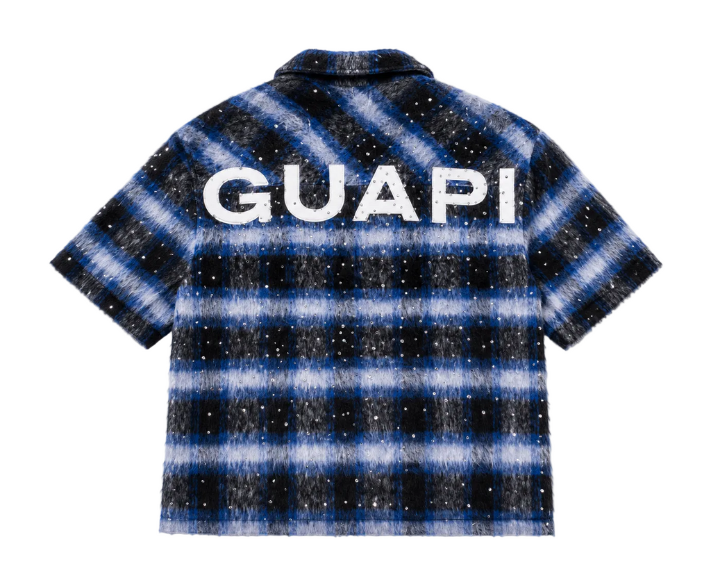 Blue and black checkered shirt with 'GUAPI' text on a white background