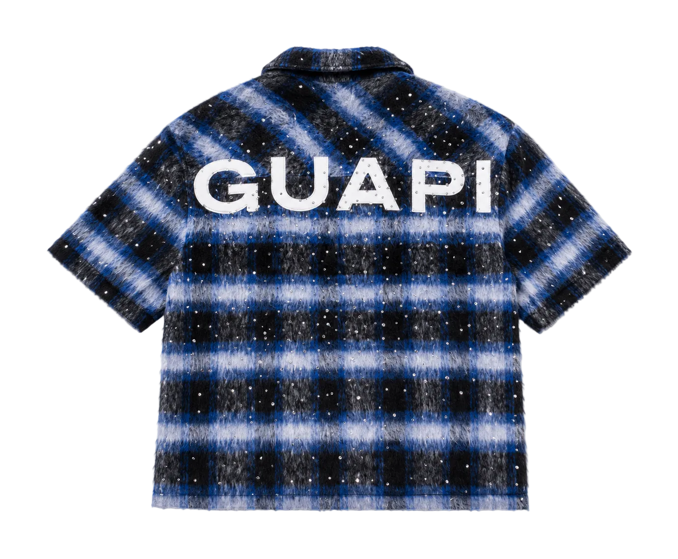 Blue and black checkered shirt with 'GUAPI' text on a white background