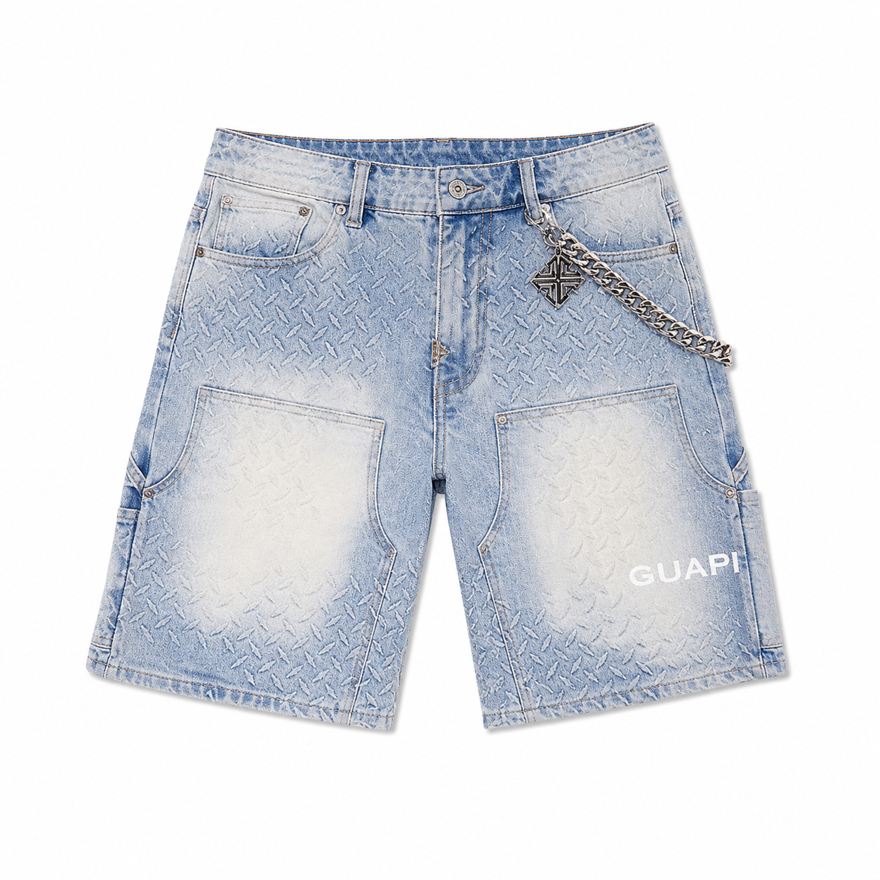 Light blue denim shorts with a chain detail on a white background