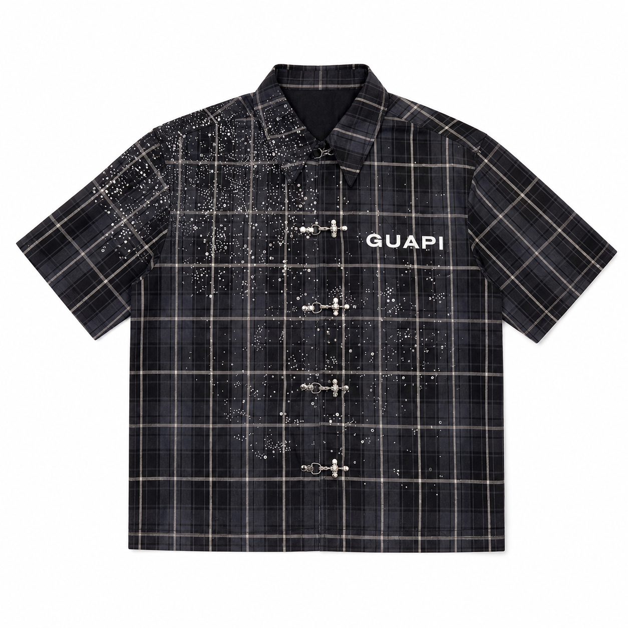 Black checkered shirt with 'GUAPI' branding on a white background