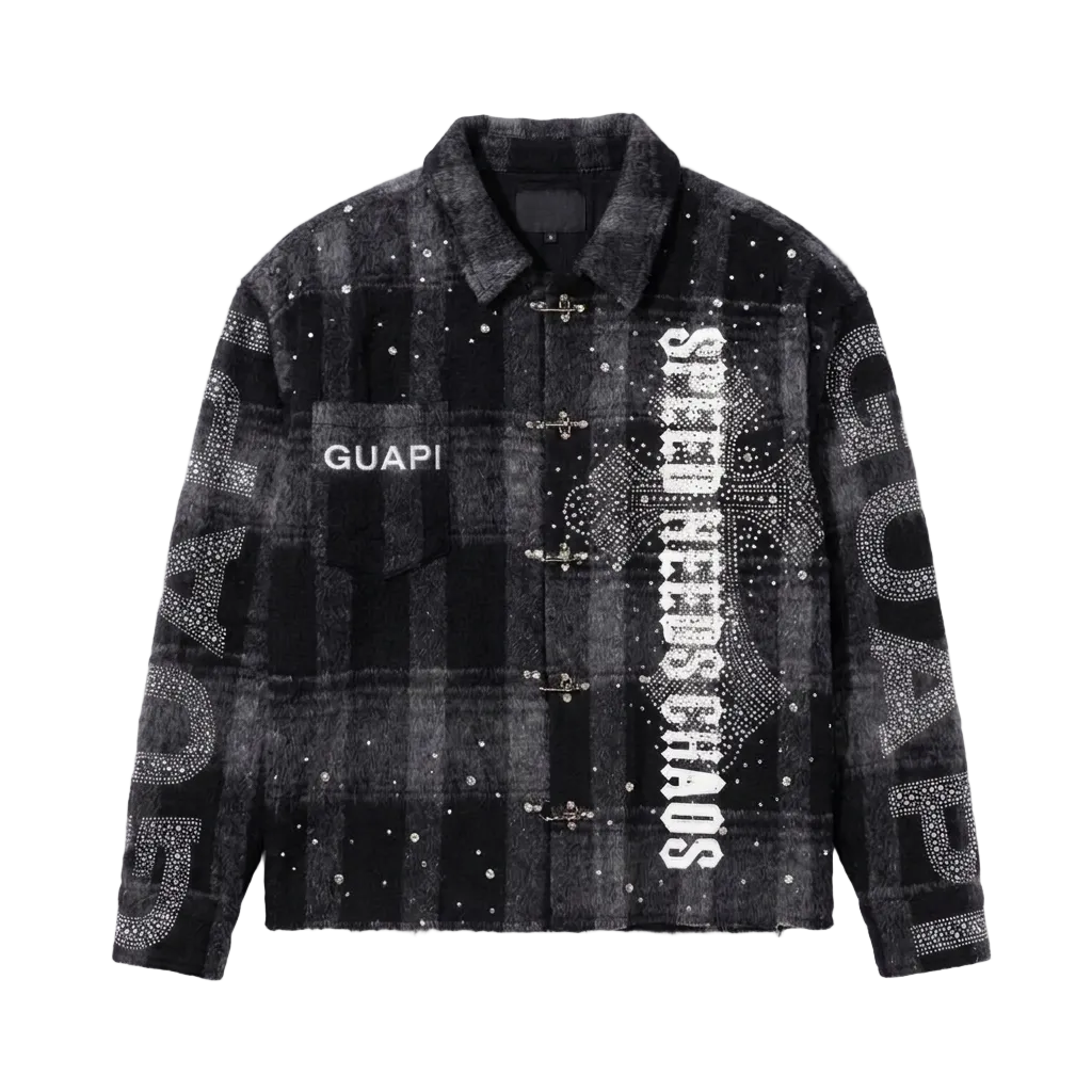 Black and white checkered shirt with text on a white background