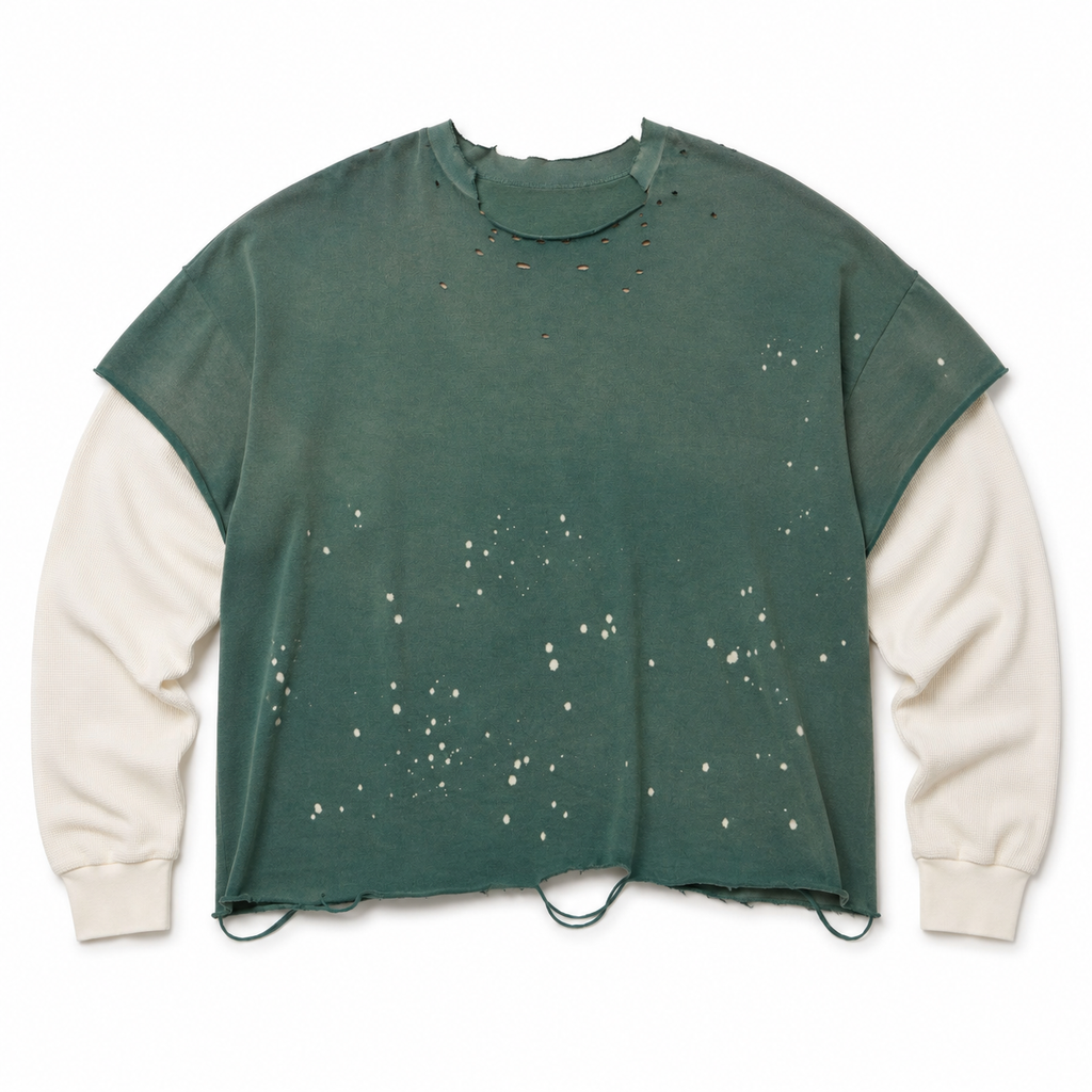 LAYERED DISTRESSED PAINTED LONG SLEEVE TEE GREEN