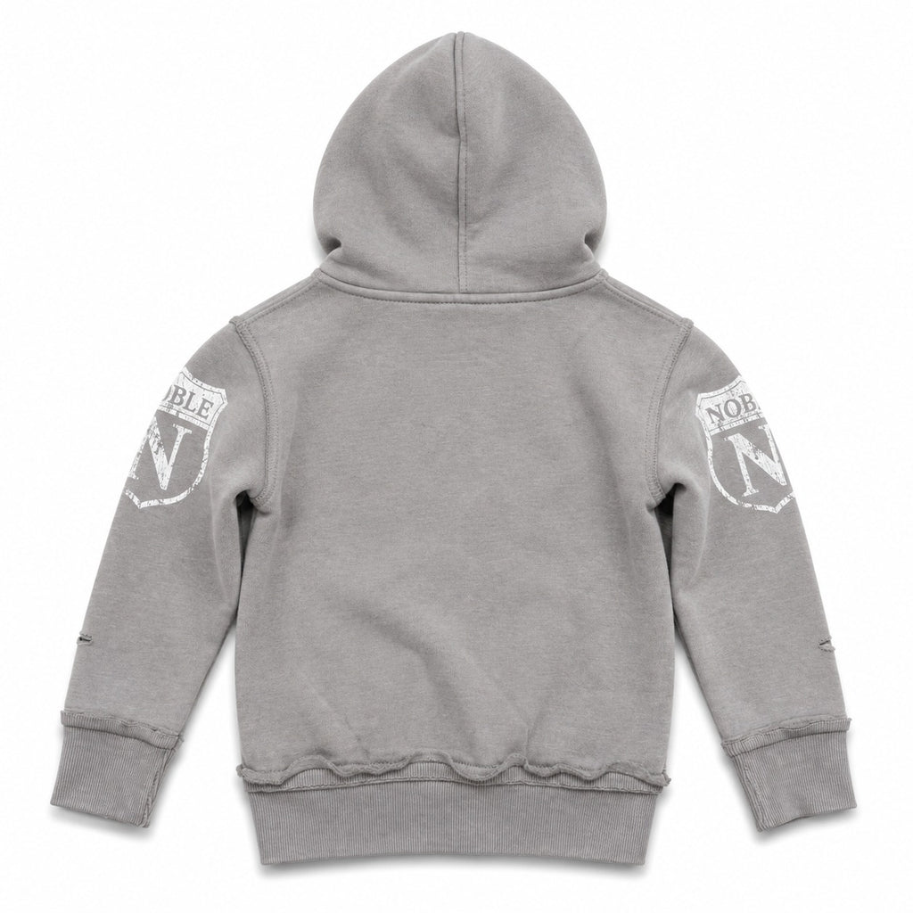 Noble dunk kids zip up hoodie in grey, back flat lay | ICON Clothing