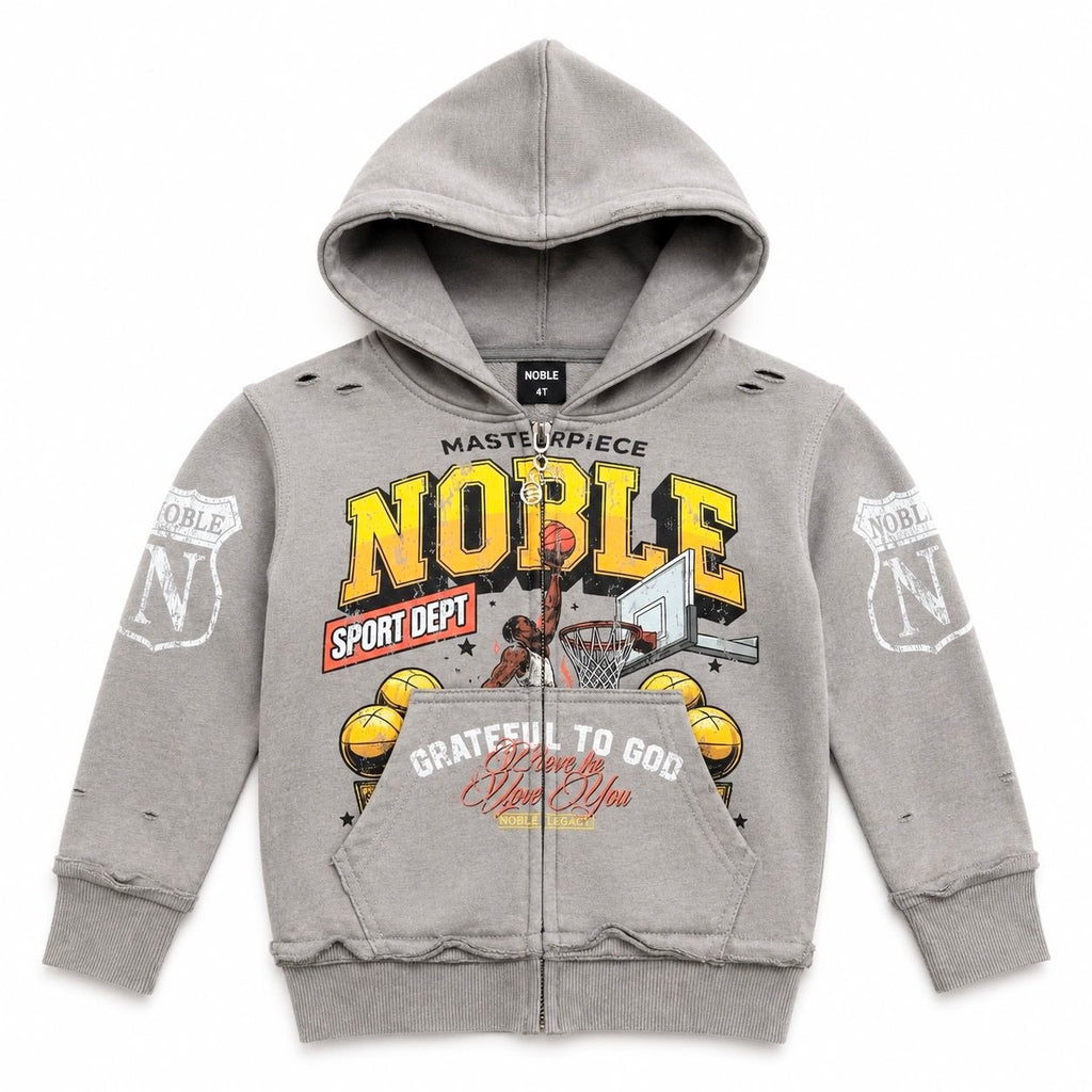 Noble dunk kids zip up hoodie in grey, front flat lay | ICON Clothing