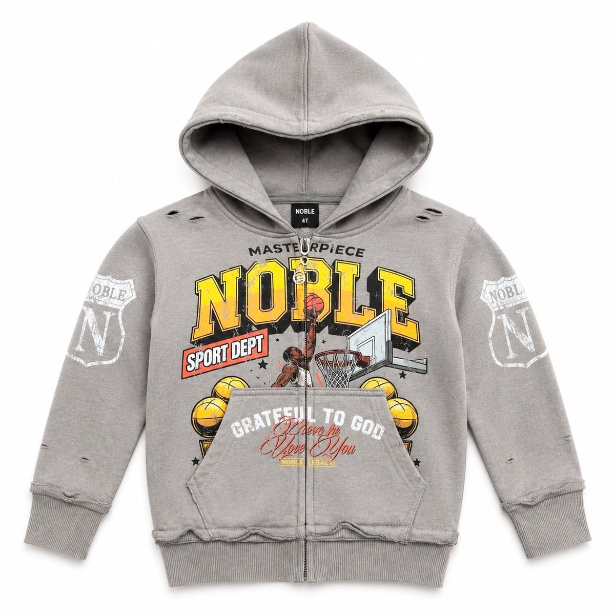 Noble dunk kids zip up hoodie in grey, front flat lay | ICON Clothing