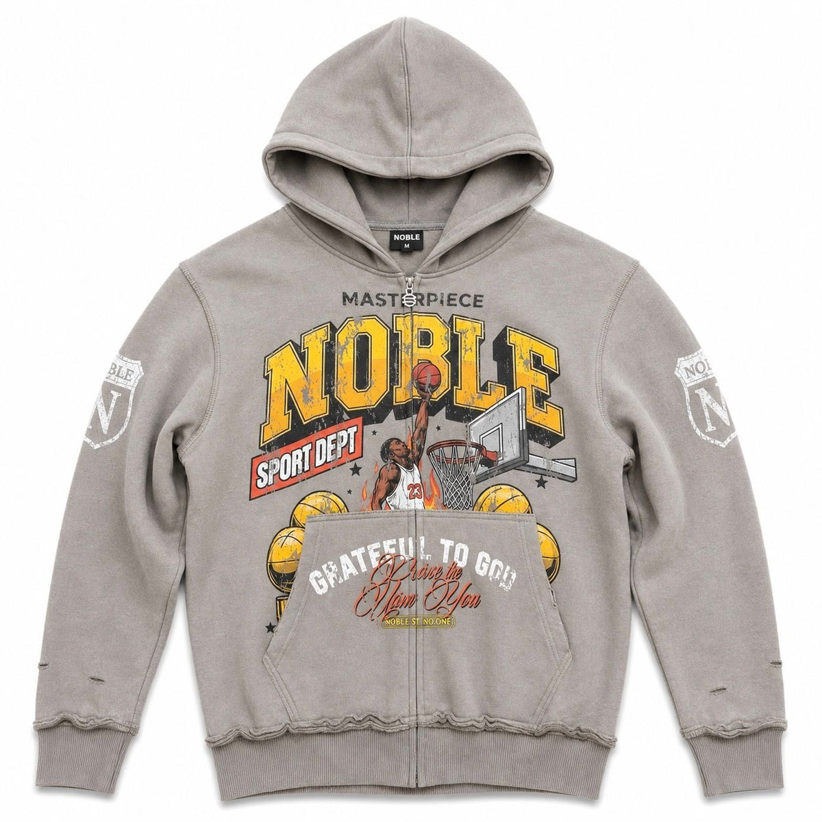 Noble dunk premium zip up hoodie in grey, front flat lay | ICON Clothing